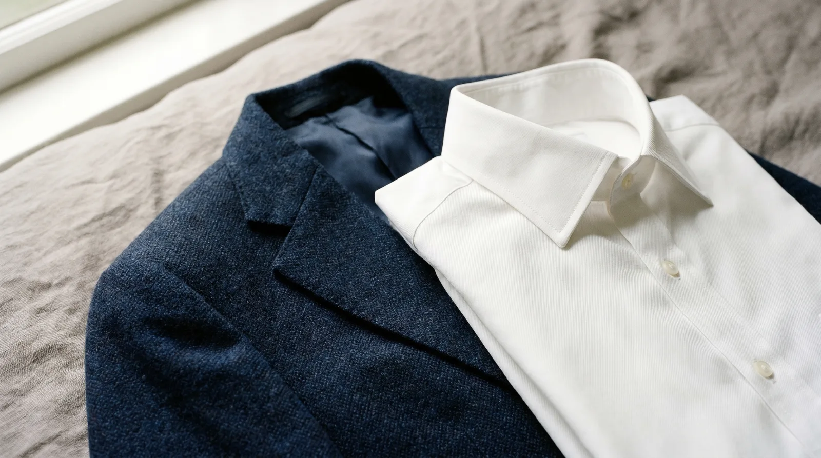 Close-up editorial photograph of a navy blazer and plain white collared shirt