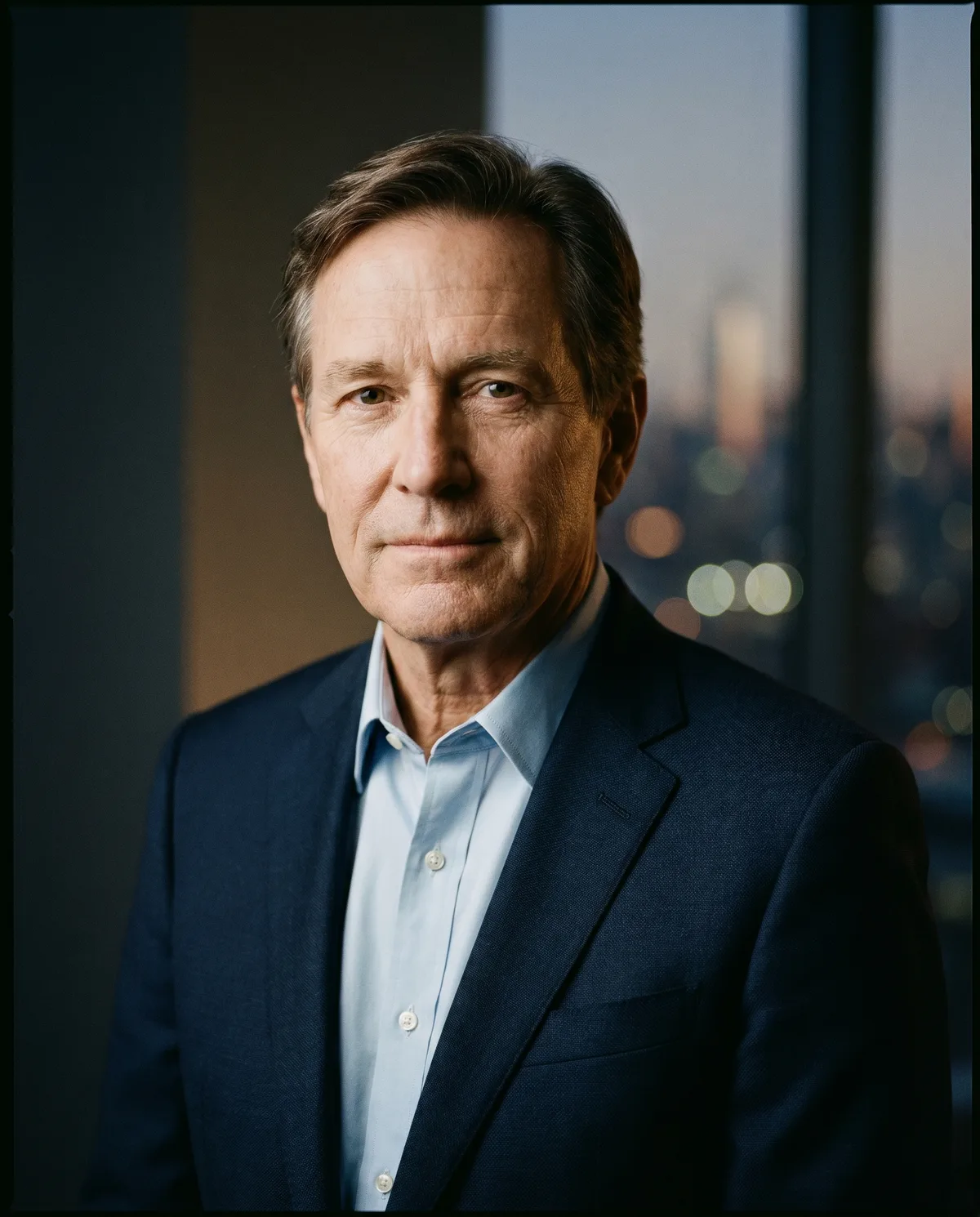AI generated executive headshot example in a tailored navy suit