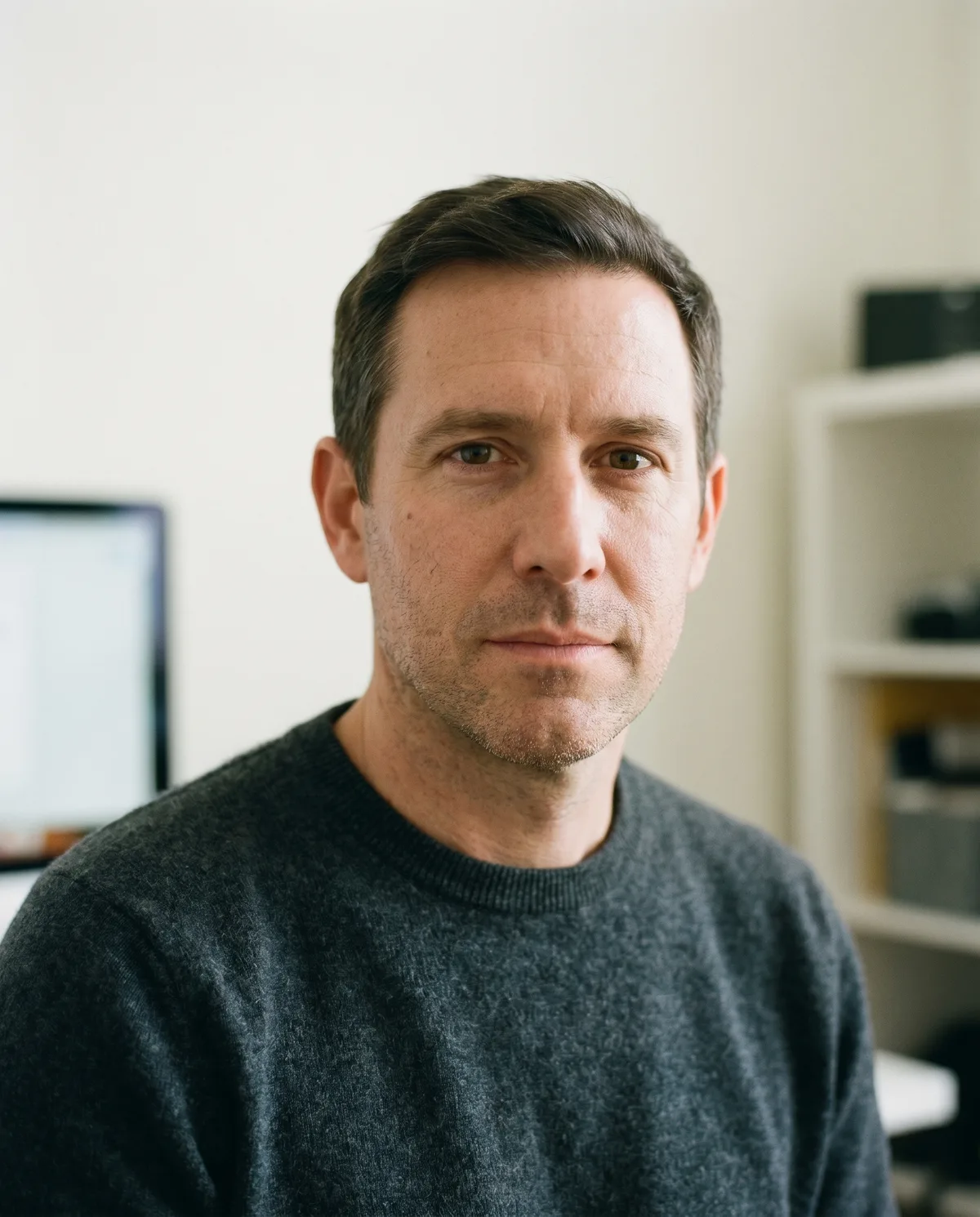 AI generated startup founder headshot example in fine knit and natural lighting