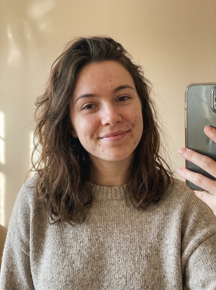 Casual source selfie before generating a warm therapist headshot