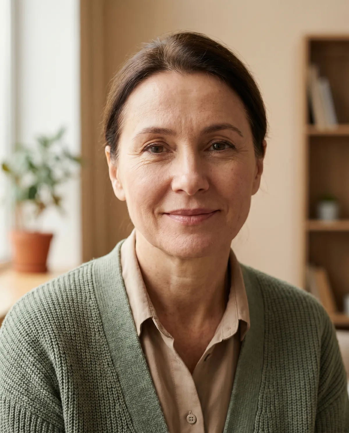 AI generated therapist headshot example with soft warm lighting